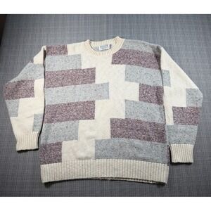 Ashley Knit Sweater Mens XL Multicolor‎ Geometric Cotton Crew Neck Ribbed Trim